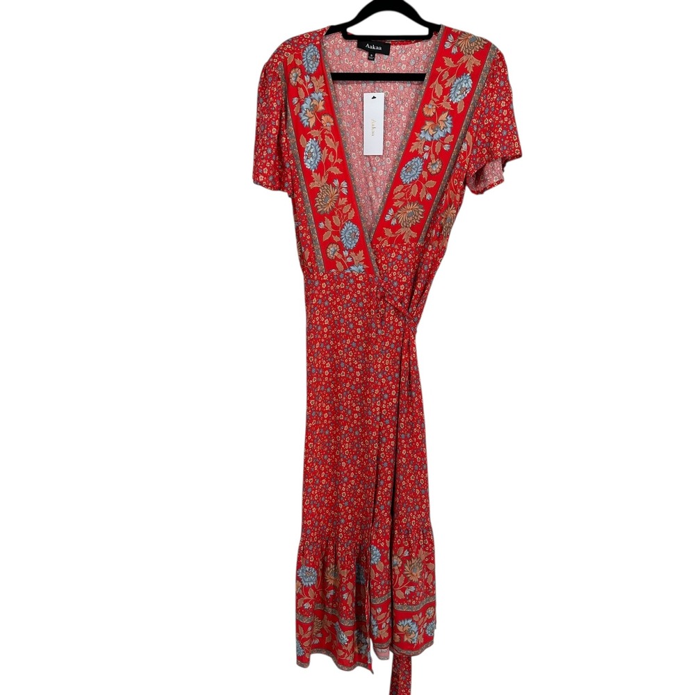 Aakaa Red Floral Print Wrap Dress Women's Size S Short Sleeve Boho Chic‎